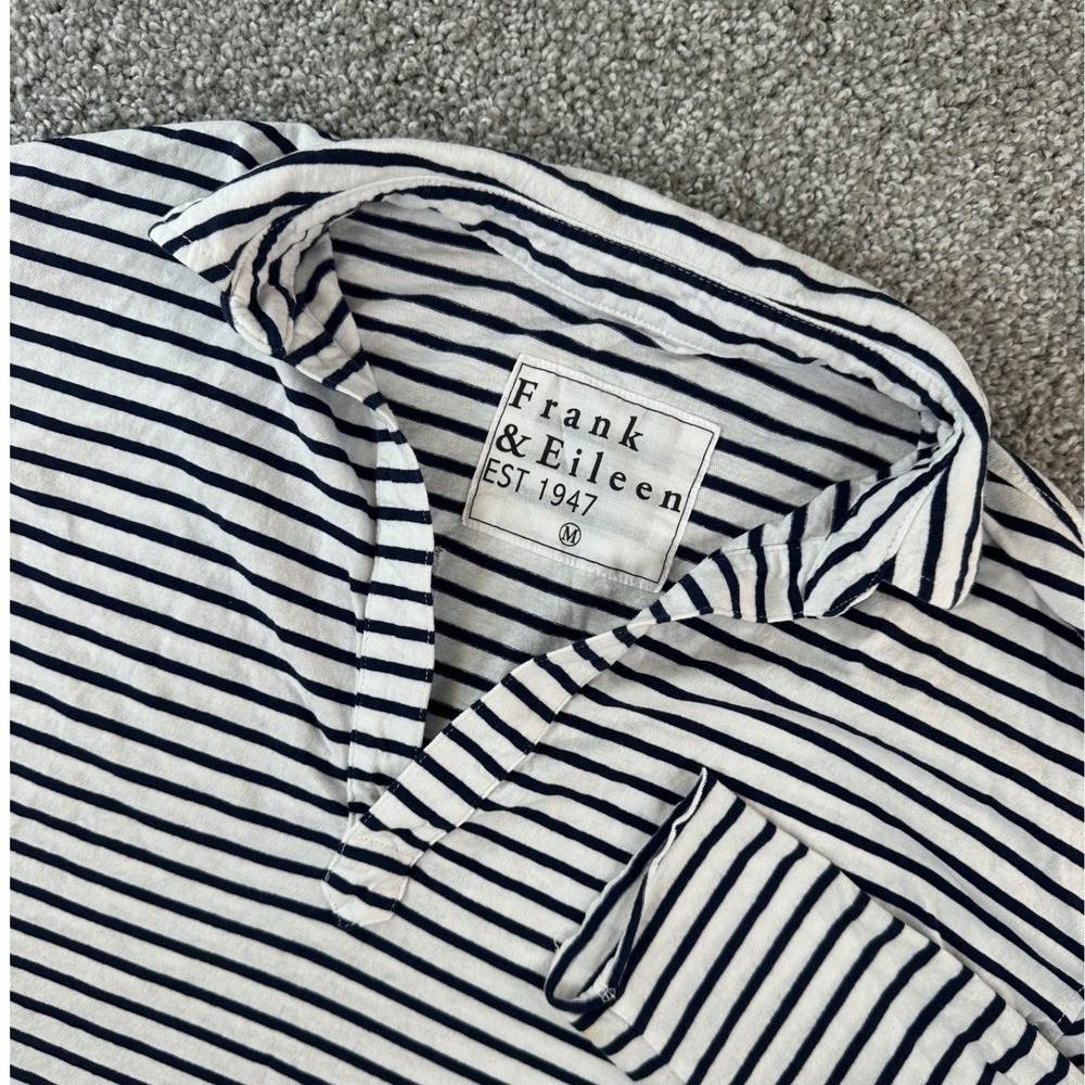 Frank & Eileen Patrick Popover Henley M Navy White Striped Lagenlook Fisherman